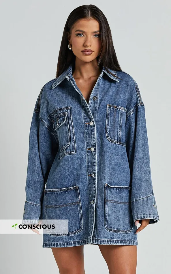 Showpo Harlow Jacket 8211 Oversized Long Sleeve Denim Jacket In Mid Blue Wash Women Denim Showpo Harlow Jacket 8211 Oversized Long Sleeve Denim Jacket In Mid Blue Wash Women Denim