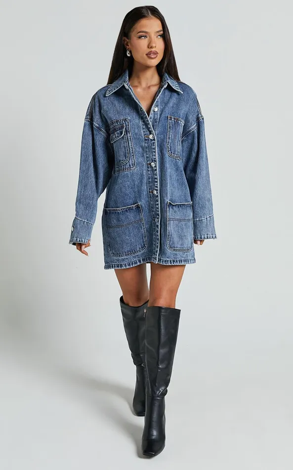Showpo Harlow Jacket 8211 Oversized Long Sleeve Denim Jacket In Mid Blue Wash Women Denim