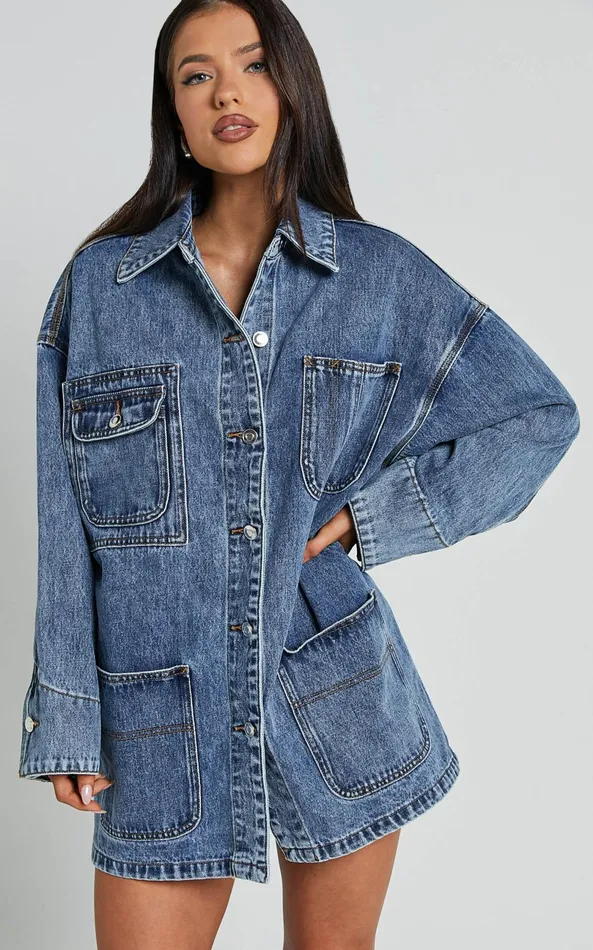 Showpo Harlow Jacket 8211 Oversized Long Sleeve Denim Jacket In Mid Blue Wash Women Denim