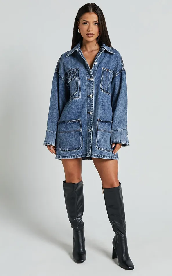 Showpo Harlow Jacket 8211 Oversized Long Sleeve Denim Jacket In Mid Blue Wash Women Denim