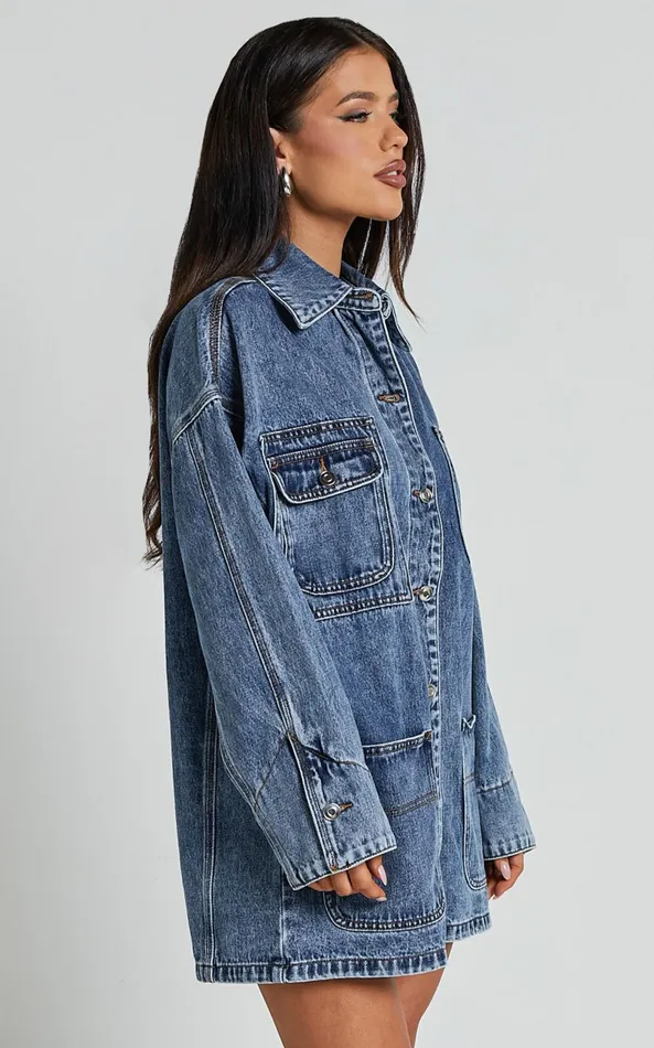 Showpo Harlow Jacket 8211 Oversized Long Sleeve Denim Jacket In Mid Blue Wash Women Denim