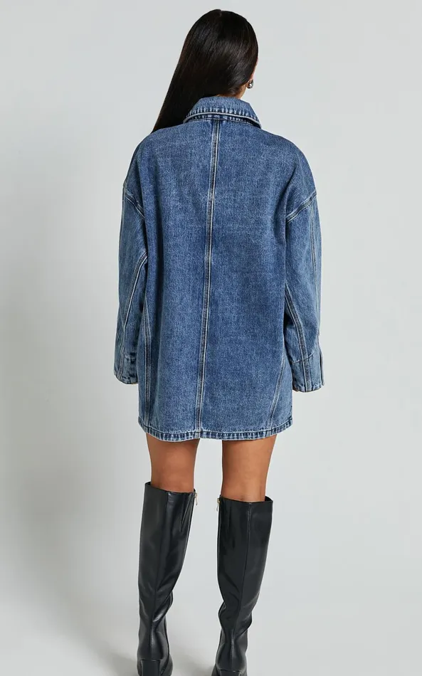 Showpo Harlow Jacket 8211 Oversized Long Sleeve Denim Jacket In Mid Blue Wash Women Denim