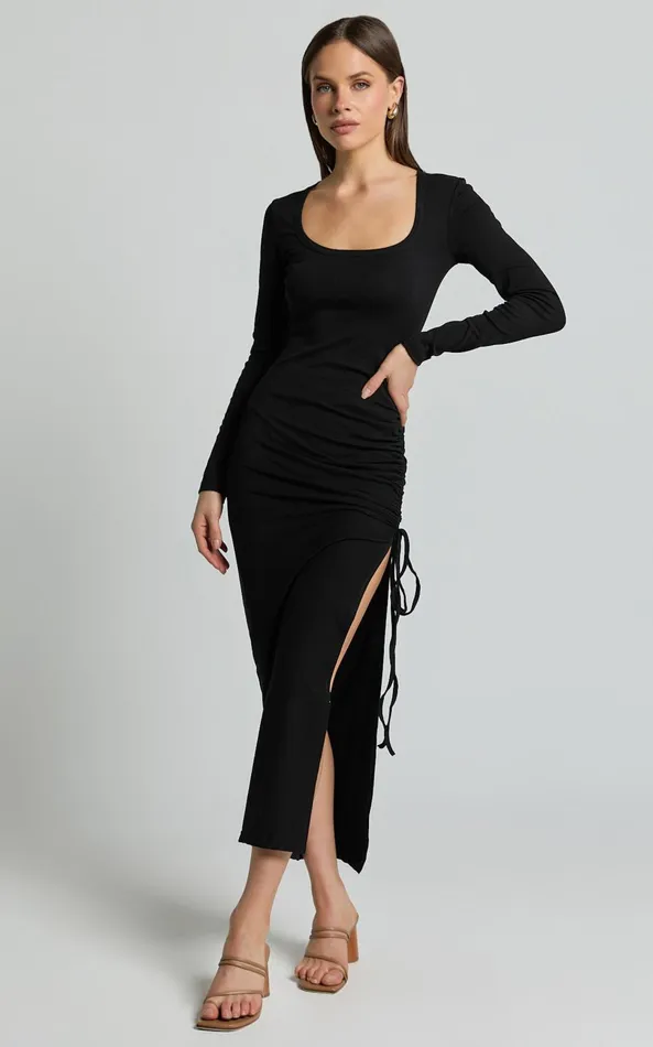 Showpo Harlow Midi Dress 8211 Crew Neck Long Sleeve Ruched Side Split Dress In Black Women Dresses Showpo Harlow Midi Dress 8211 Crew Neck Long Sleeve Ruched Side Split Dress In Black Women Dresses