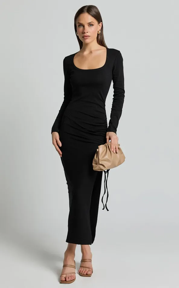 Showpo Harlow Midi Dress 8211 Crew Neck Long Sleeve Ruched Side Split Dress In Black Women Dresses