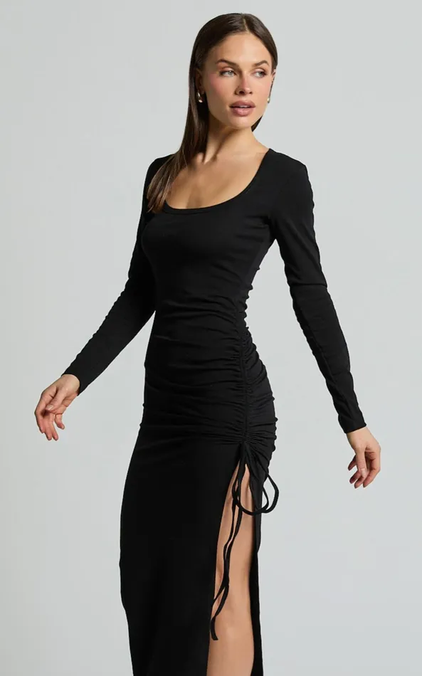 Showpo Harlow Midi Dress 8211 Crew Neck Long Sleeve Ruched Side Split Dress In Black Women Dresses