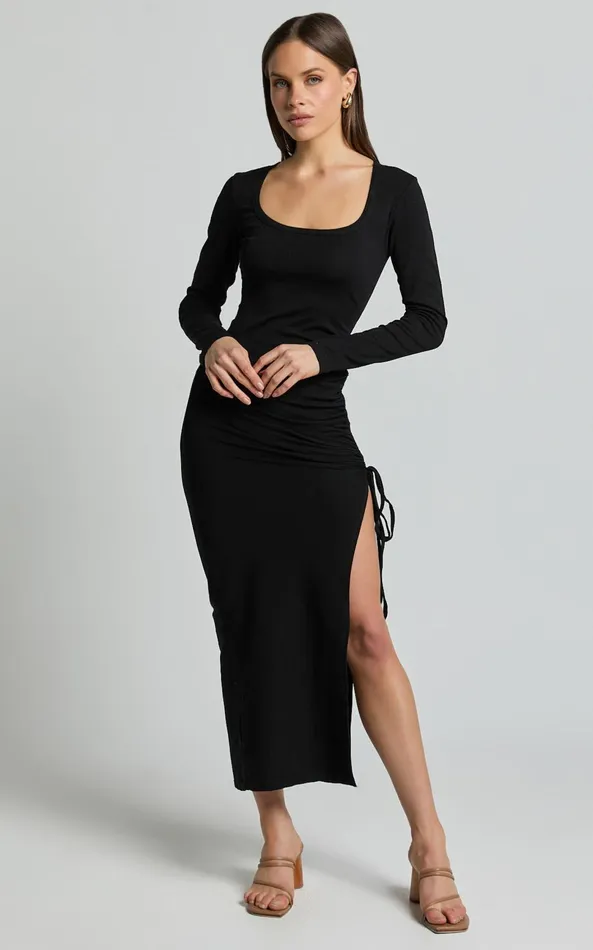 Showpo Harlow Midi Dress 8211 Crew Neck Long Sleeve Ruched Side Split Dress In Black Women Dresses