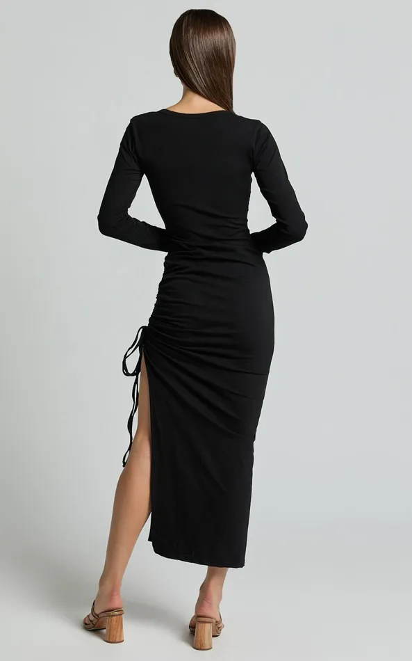 Showpo Harlow Midi Dress 8211 Crew Neck Long Sleeve Ruched Side Split Dress In Black Women Dresses