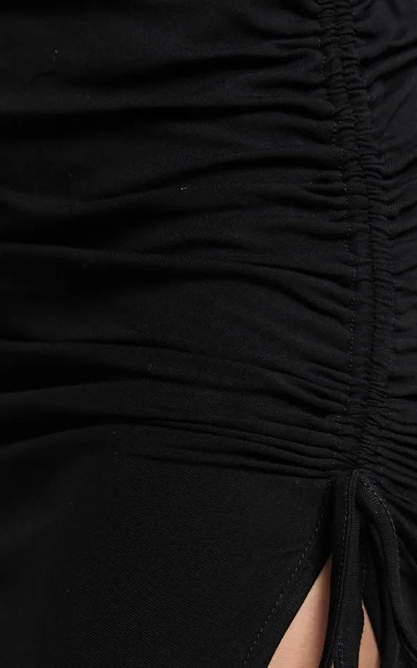 Showpo Harlow Midi Dress 8211 Crew Neck Long Sleeve Ruched Side Split Dress In Black Women Dresses