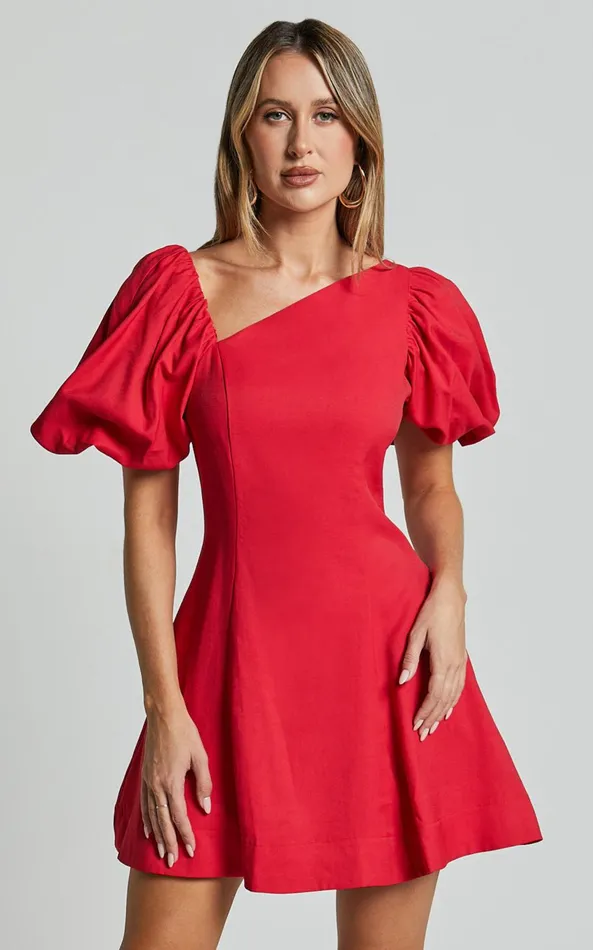 Showpo Harlow Mini Dress 8211 Asymmetric Puff Sleeve Flare Dress In Red Women Dresses Showpo Harlow Mini Dress 8211 Asymmetric Puff Sleeve Flare Dress In Red Women Dresses