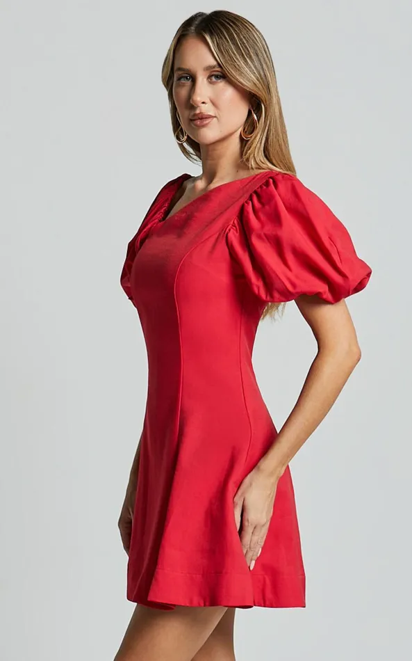 Showpo Harlow Mini Dress 8211 Asymmetric Puff Sleeve Flare Dress In Red Women Dresses