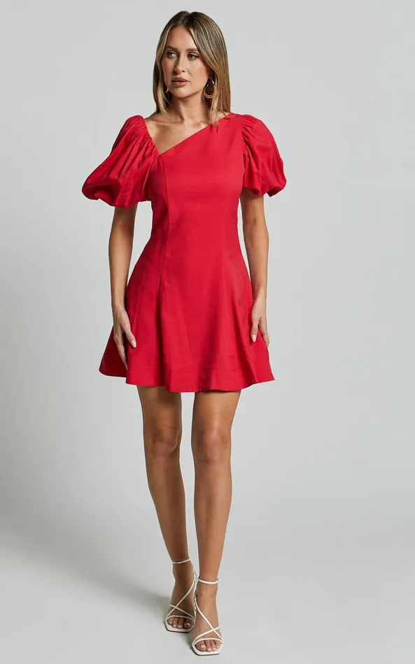 Showpo Harlow Mini Dress 8211 Asymmetric Puff Sleeve Flare Dress In Red Women Dresses