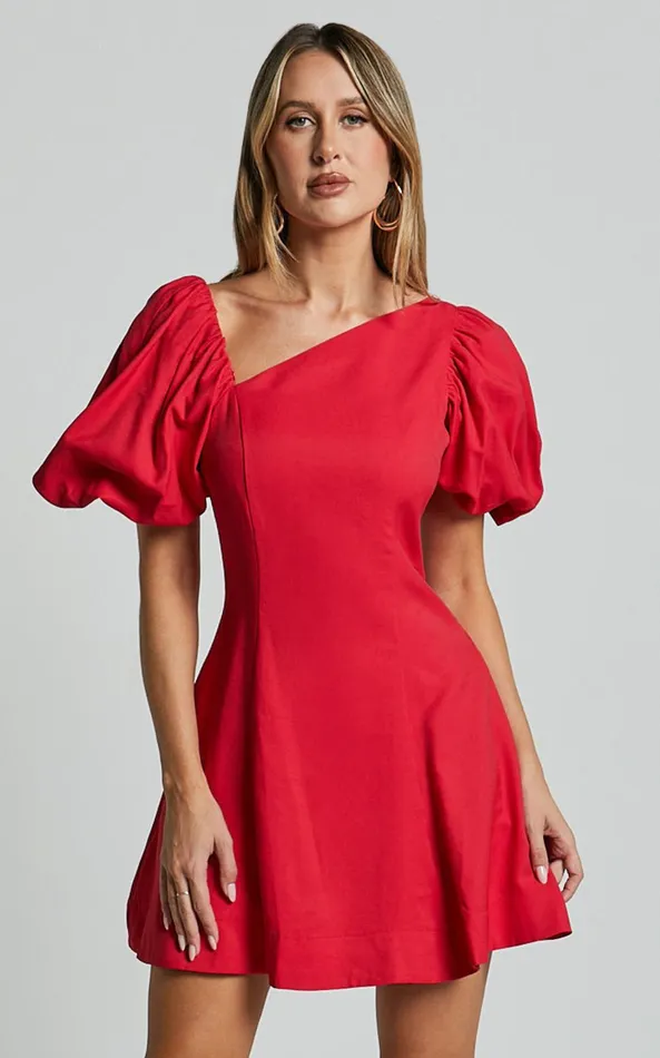 Showpo Harlow Mini Dress 8211 Asymmetric Puff Sleeve Flare Dress In Red Women Dresses