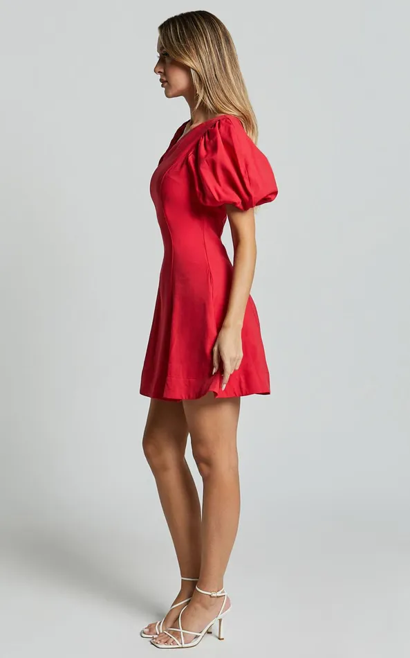 Showpo Harlow Mini Dress 8211 Asymmetric Puff Sleeve Flare Dress In Red Women Dresses