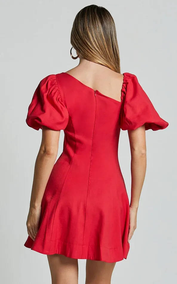 Showpo Harlow Mini Dress 8211 Asymmetric Puff Sleeve Flare Dress In Red Women Dresses
