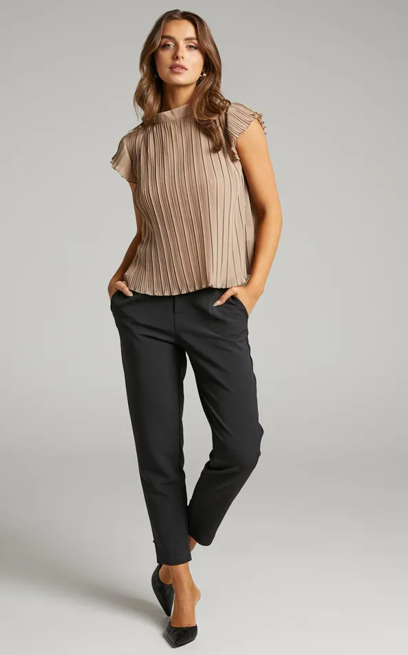 Showpo Harlow Top 8211 High Neck Pleated Workwear Top In Beige Women Curve Clothes