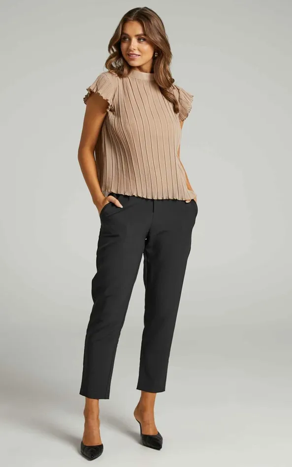 Showpo Harlow Top 8211 High Neck Pleated Workwear Top In Beige Women Curve Clothes