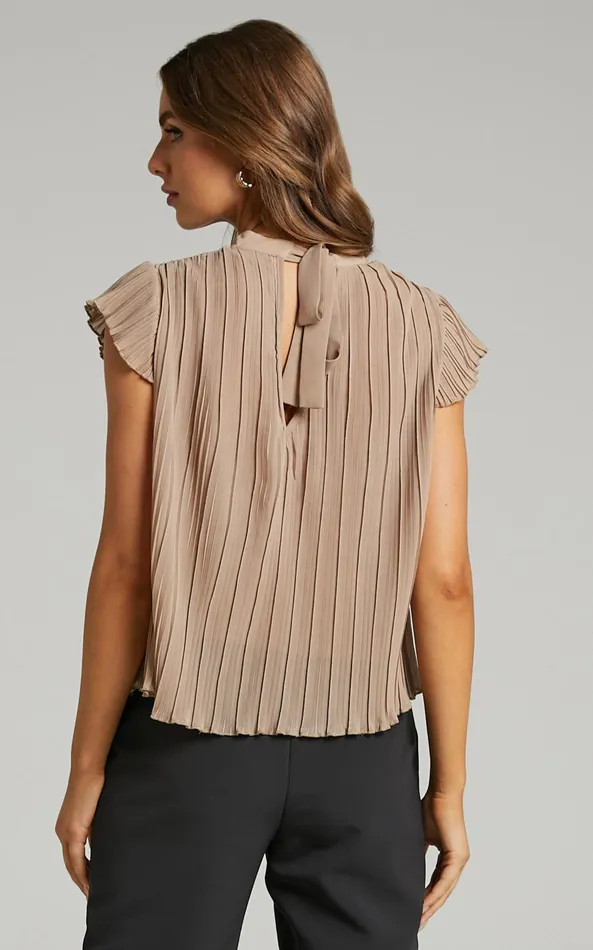 Showpo Harlow Top 8211 High Neck Pleated Workwear Top In Beige Women Curve Clothes