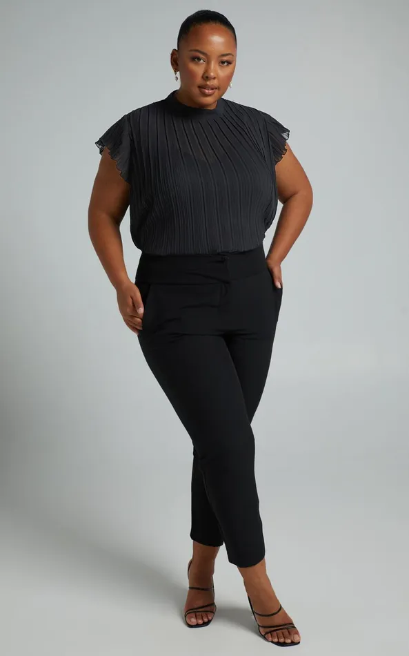 Showpo Harlow Top 8211 High Neck Pleated Workwear Top In Black Women Curve Clothes