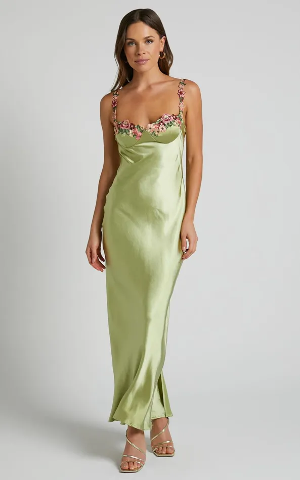 Showpo Harmony Midi Dress 8211 Floral Detail Cup Bust Satin Dress In Citrus Women Dresses