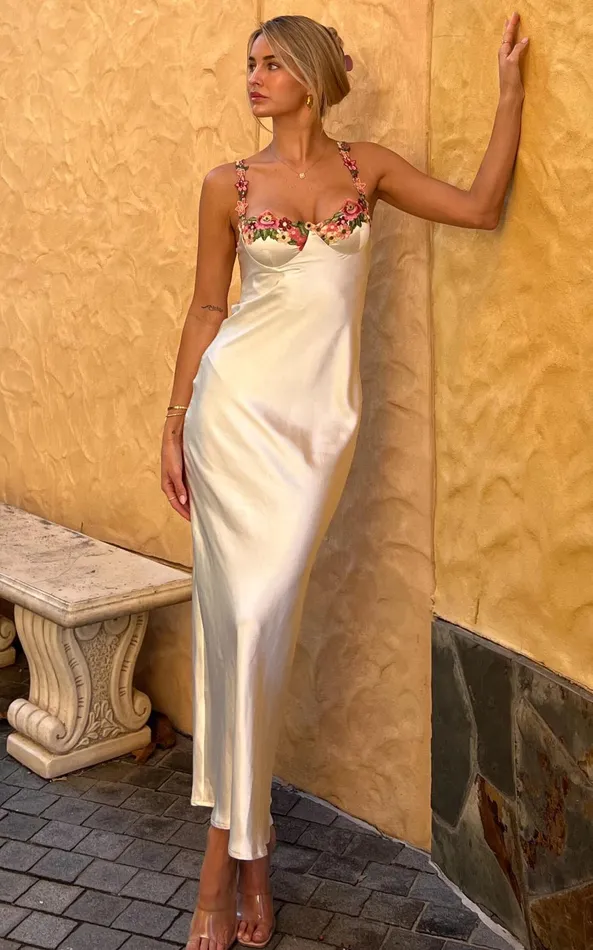 Showpo Harmony Midi Dress 8211 Floral Detail Cup Bust Satin Dress In White Women Dresses Showpo Harmony Midi Dress 8211 Floral Detail Cup Bust Satin Dress In White Women Dresses
