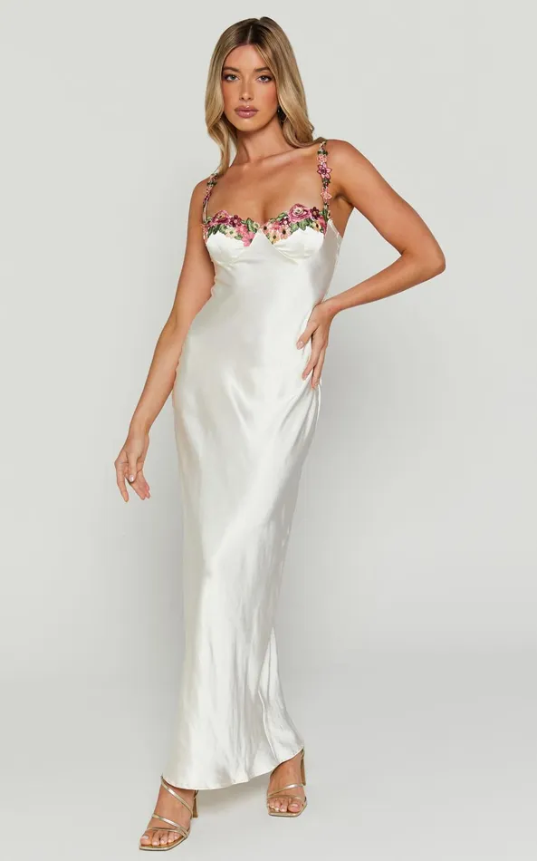 Showpo Harmony Midi Dress 8211 Floral Detail Cup Bust Satin Dress In White Women Dresses