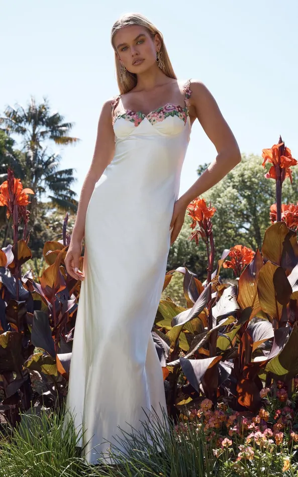 Showpo Harmony Midi Dress 8211 Floral Detail Cup Bust Satin Dress In White Women Dresses