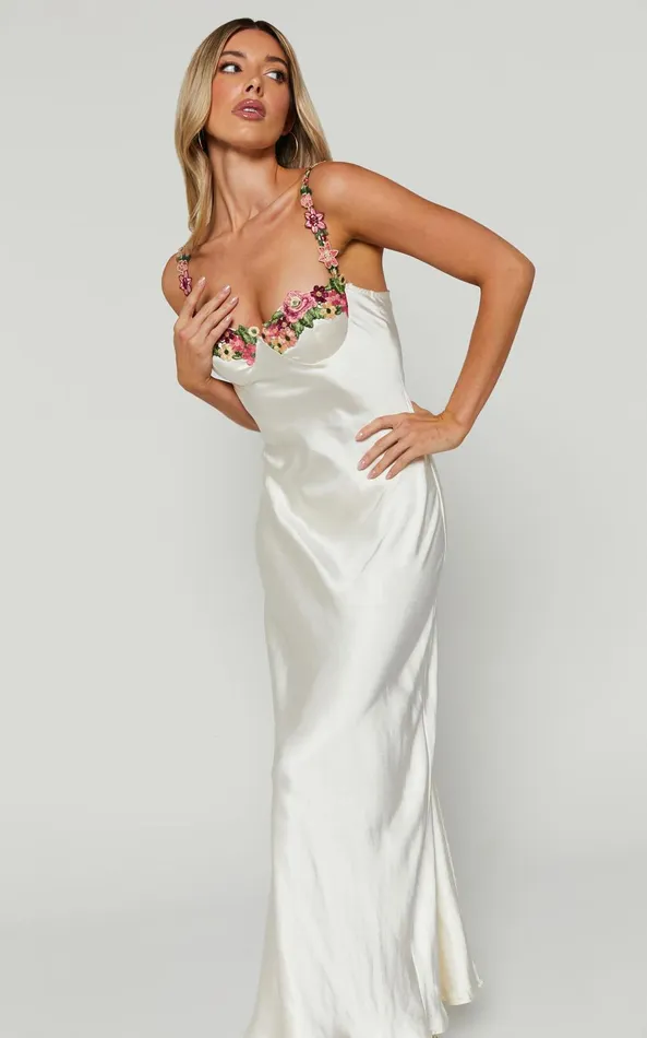 Showpo Harmony Midi Dress 8211 Floral Detail Cup Bust Satin Dress In White Women Dresses