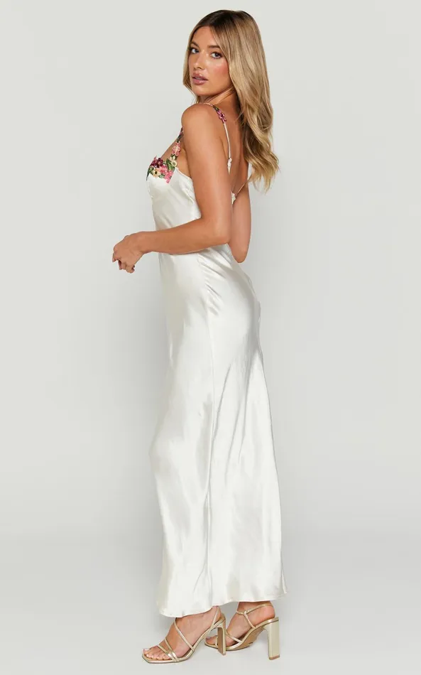 Showpo Harmony Midi Dress 8211 Floral Detail Cup Bust Satin Dress In White Women Dresses