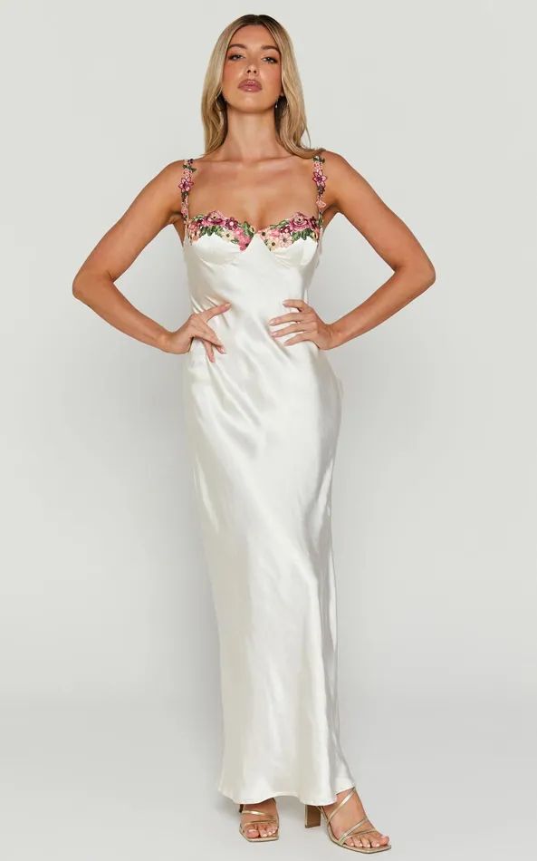 Showpo Harmony Midi Dress 8211 Floral Detail Cup Bust Satin Dress In White Women Dresses