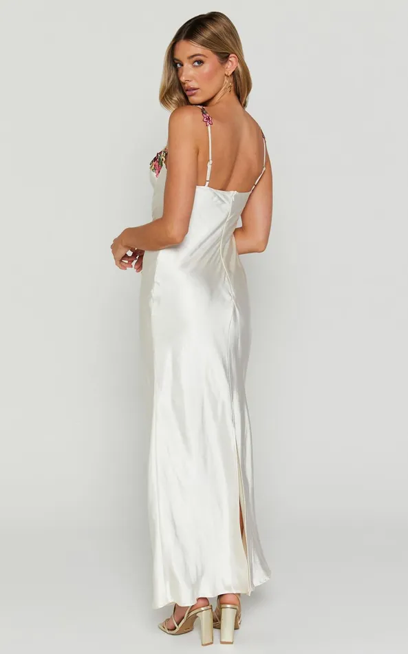 Showpo Harmony Midi Dress 8211 Floral Detail Cup Bust Satin Dress In White Women Dresses