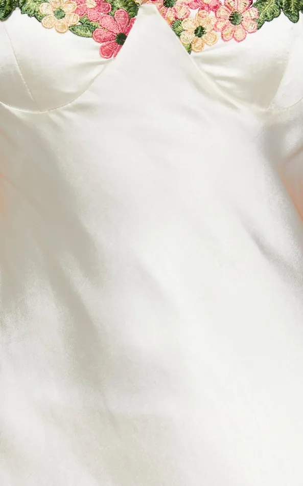 Showpo Harmony Midi Dress 8211 Floral Detail Cup Bust Satin Dress In White Women Dresses