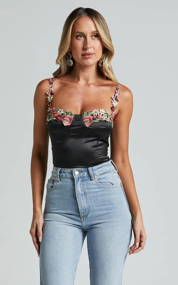 Showpo Harmony Top 8211 Floral Detail Cup Bust Satin Crop Top In Black Women Tops Showpo Harmony Top 8211 Floral Detail Cup Bust Satin Crop Top In Black Women Tops