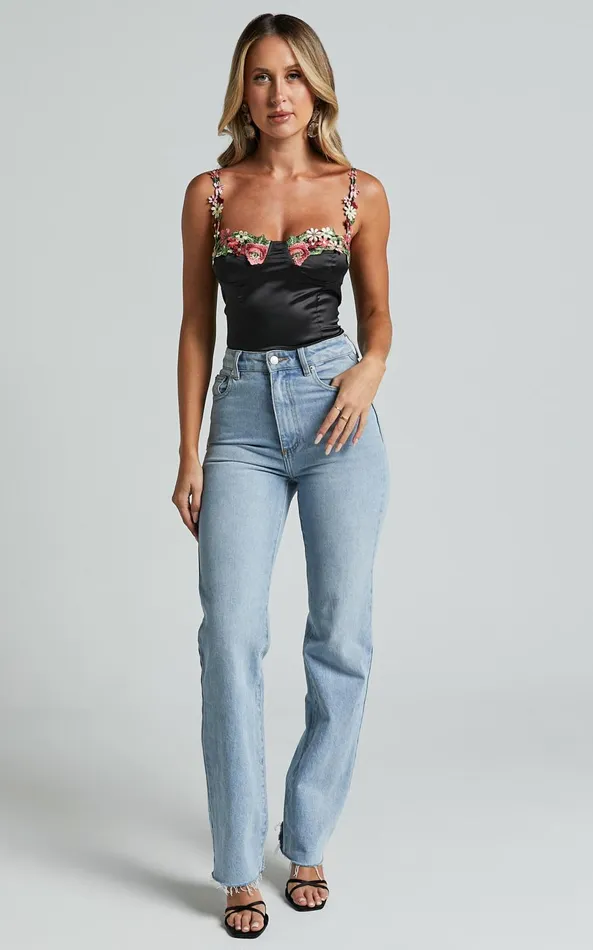 Showpo Harmony Top 8211 Floral Detail Cup Bust Satin Crop Top In Black Women Tops