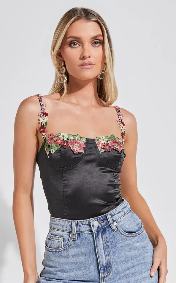 Showpo Harmony Top 8211 Floral Detail Cup Bust Satin Crop Top In Black Women Tops