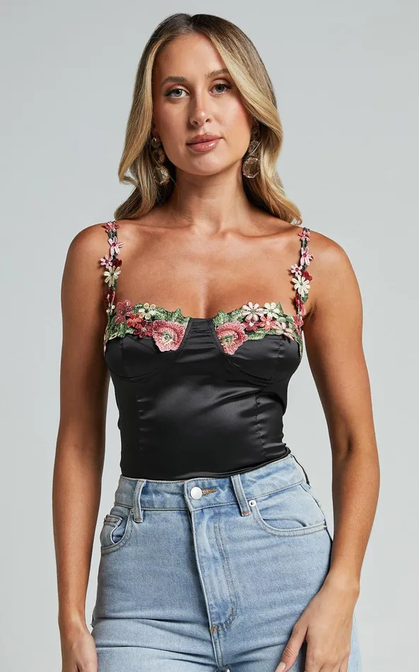 Showpo Harmony Top 8211 Floral Detail Cup Bust Satin Crop Top In Black Women Tops
