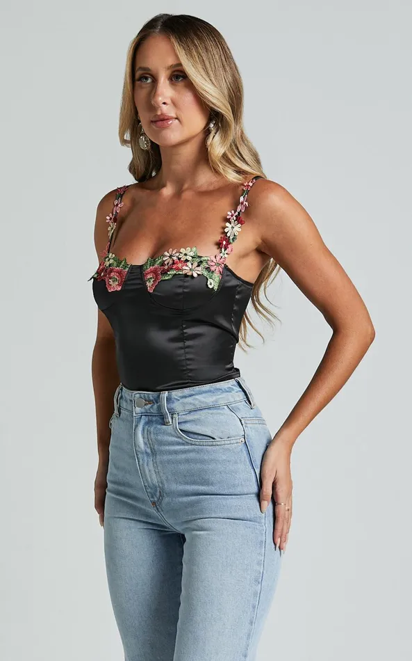 Showpo Harmony Top 8211 Floral Detail Cup Bust Satin Crop Top In Black Women Tops