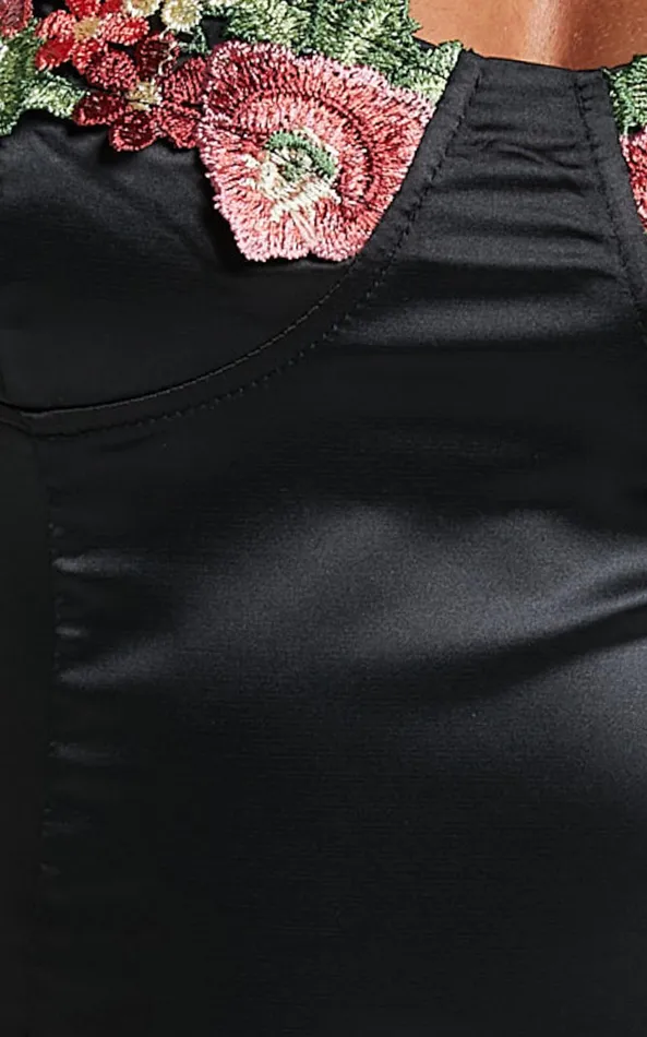 Showpo Harmony Top 8211 Floral Detail Cup Bust Satin Crop Top In Black Women Tops