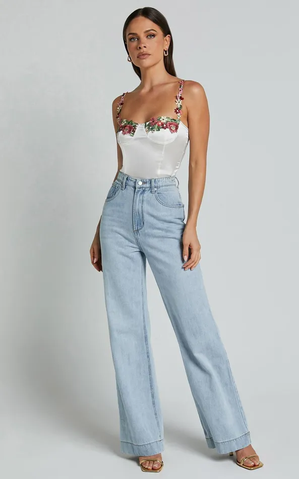 Showpo Harmony Top 8211 Floral Detail Cup Bust Satin Crop Top In White Women Tops