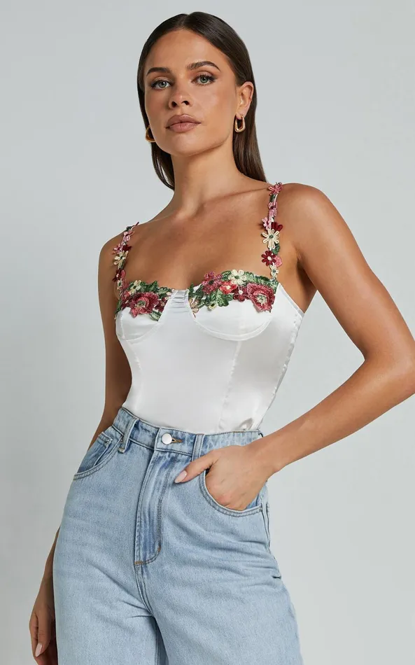 Showpo Harmony Top 8211 Floral Detail Cup Bust Satin Crop Top In White Women Tops