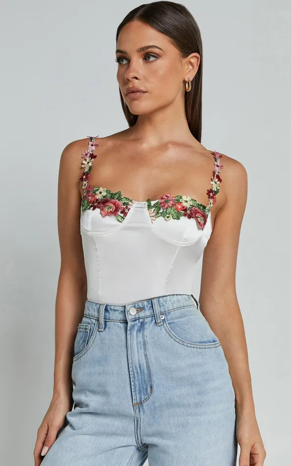 Showpo Harmony Top 8211 Floral Detail Cup Bust Satin Crop Top In White Women Tops