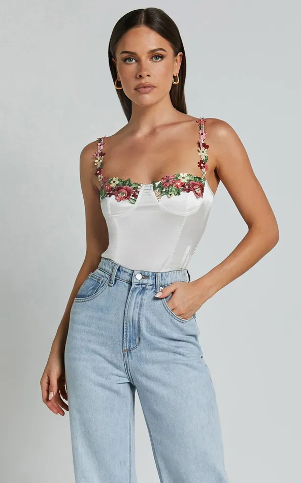 Showpo Harmony Top 8211 Floral Detail Cup Bust Satin Crop Top In White Women Tops