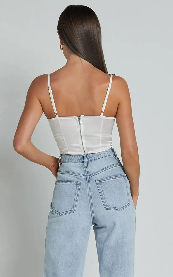 Showpo Harmony Top 8211 Floral Detail Cup Bust Satin Crop Top In White Women Tops