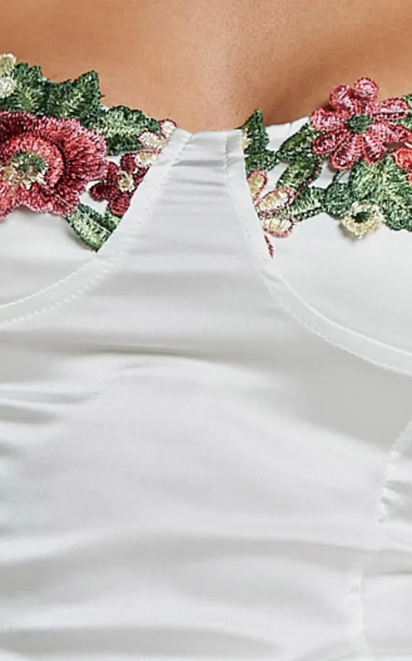 Showpo Harmony Top 8211 Floral Detail Cup Bust Satin Crop Top In White Women Tops