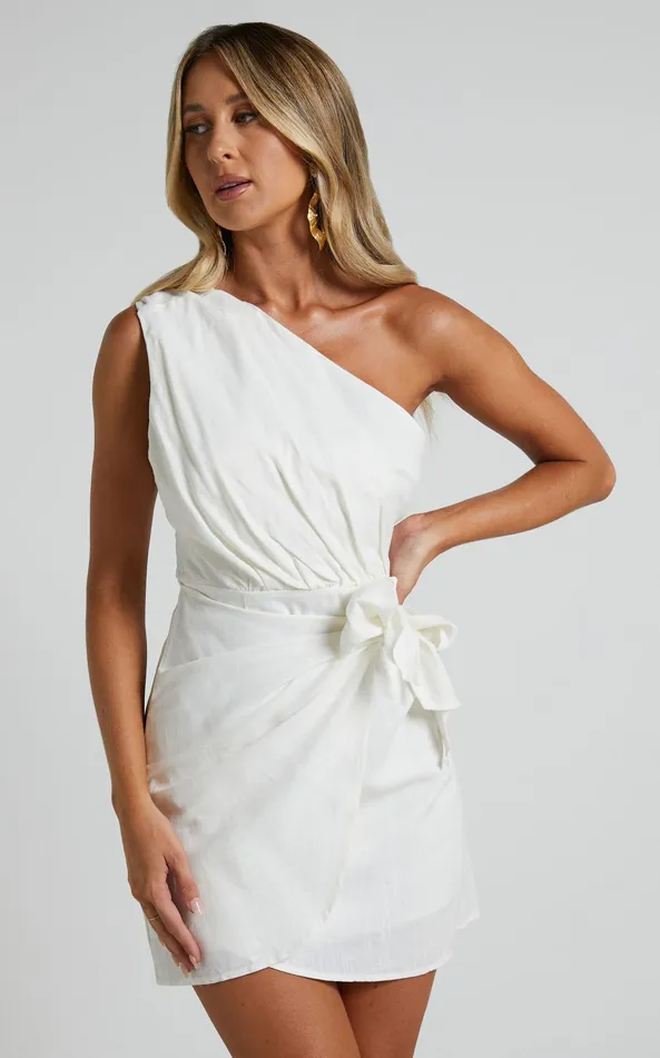 Showpo Harper Mini Dress 8211 Linen Look One Shoulder Gathered Wrap Waist Dress In White Women Dresses Showpo Harper Mini Dress 8211 Linen Look One Shoulder Gathered Wrap Waist Dress In White Women Dresses