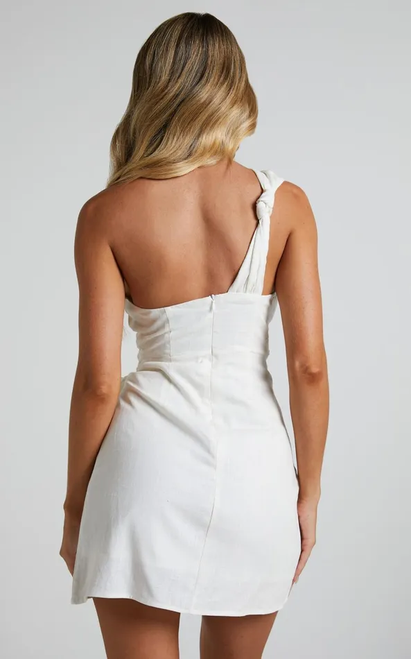 Showpo Harper Mini Dress 8211 Linen Look One Shoulder Gathered Wrap Waist Dress In White Women Dresses