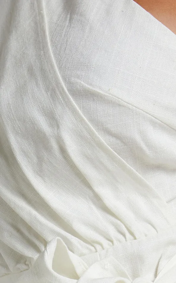 Showpo Harper Mini Dress 8211 Linen Look One Shoulder Gathered Wrap Waist Dress In White Women Dresses