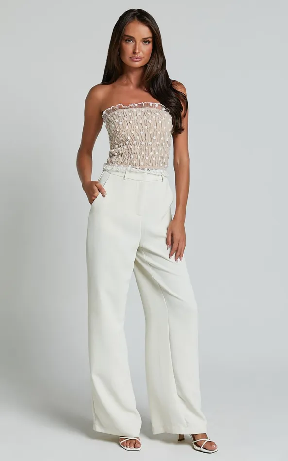 Showpo Harper Top 8211 Frill Shirred Bandeau Crop Top In WhiteNude Women Tops