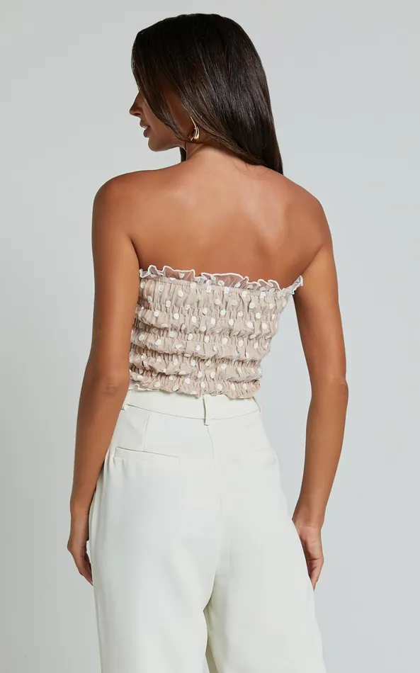 Showpo Harper Top 8211 Frill Shirred Bandeau Crop Top In WhiteNude Women Tops