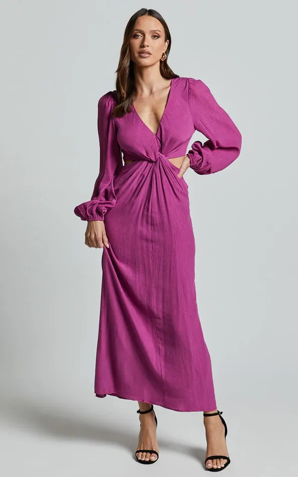 Showpo Harriet Midi Dress 8211 Blouson Sleeve Cut Out Dress In Mulberry Women Dresses Showpo Harriet Midi Dress 8211 Blouson Sleeve Cut Out Dress In Mulberry Women Dresses