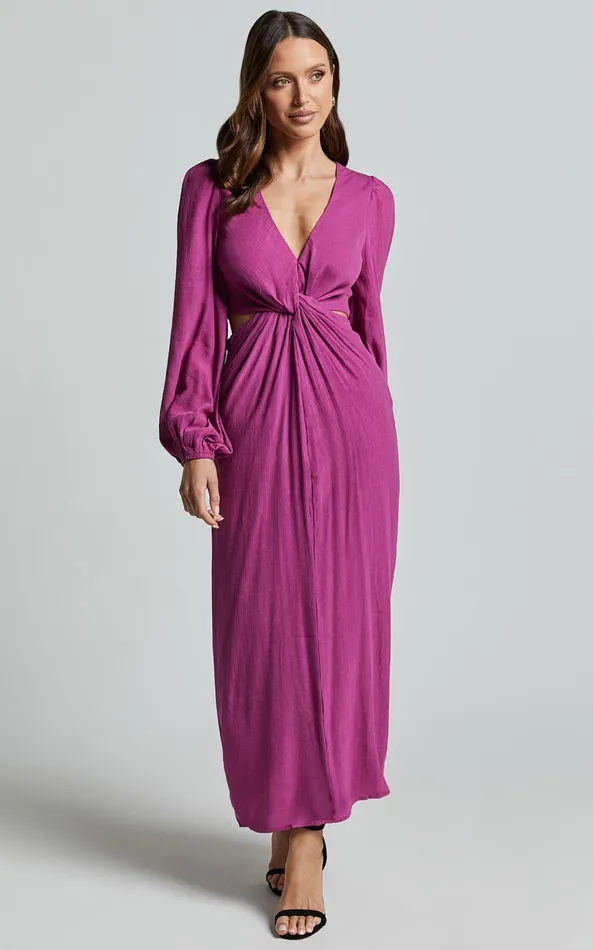 Showpo Harriet Midi Dress 8211 Blouson Sleeve Cut Out Dress In Mulberry Women Dresses